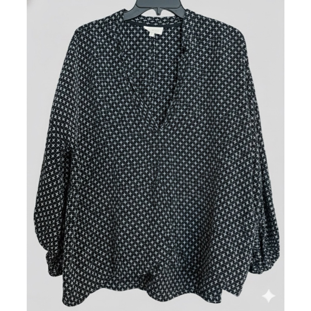 Boho Black Stitch Peasant Blouse Long Sleeve V-Neck Flowy Top Lou & Grey Mi